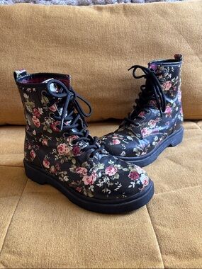 Floral Lace-Up Combat Boots - Black with Pink Rose Print